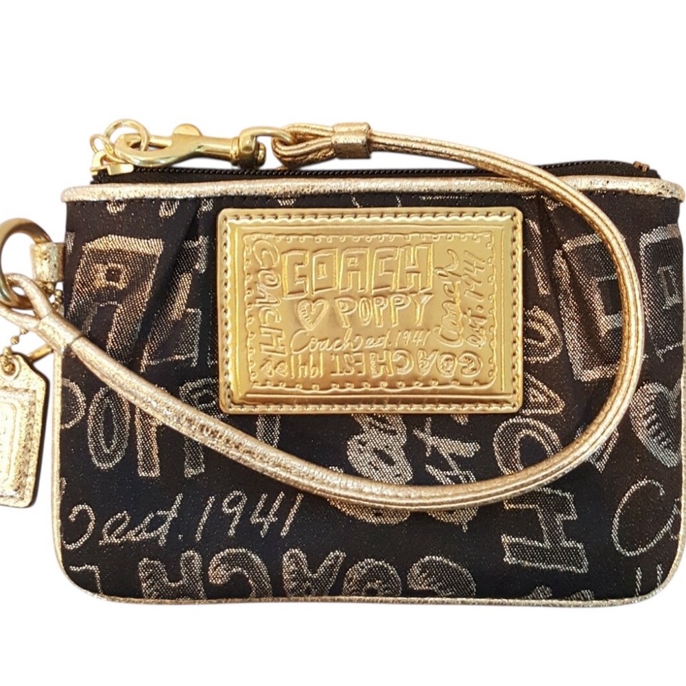 Coach Poppy Storypatch Glam Black & Gold Rare Limited Edition Wristlet